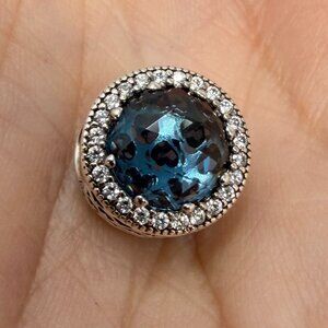 Pandora Sterling Silver 925 ALE Charm Radiant Hearts Round Blue & Clear Stones